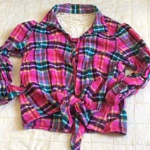 Long sleeve tie crop  button down lace cutout